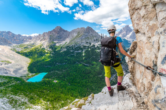 Girl,On,Via,Ferrata,Above,Sorapis,Lake,In,Dolomiti,Mountains,